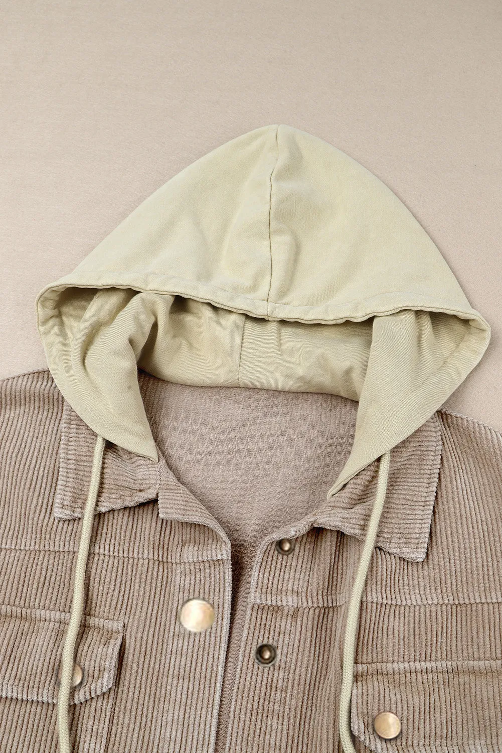 Wholesale Khaki Patchwork Raw Hem Hooded Corduroy Jacket