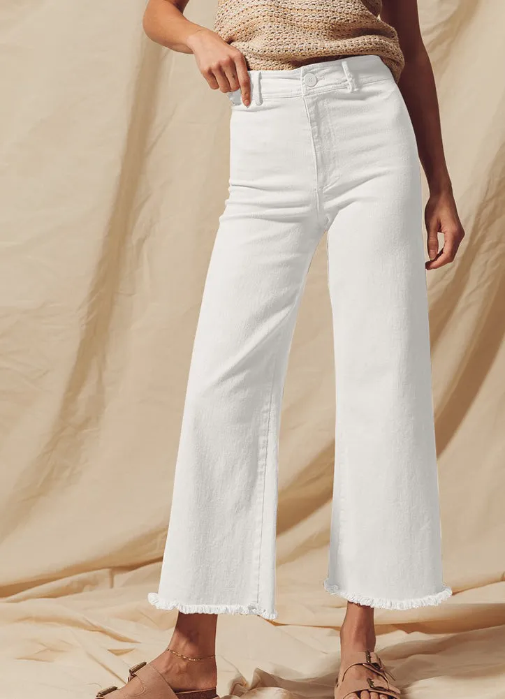 Wide Leg Stretchy Pants with Frayed Hem in Off White by So Me