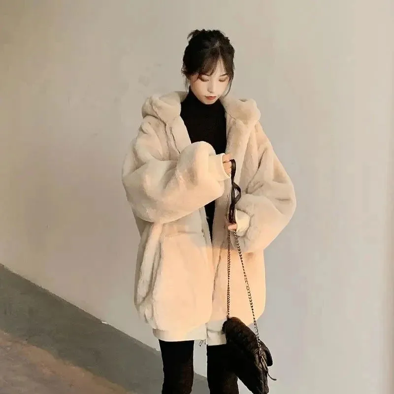 Winter Warm Thick Furry Faux Rabbit Fur Hooded Coats