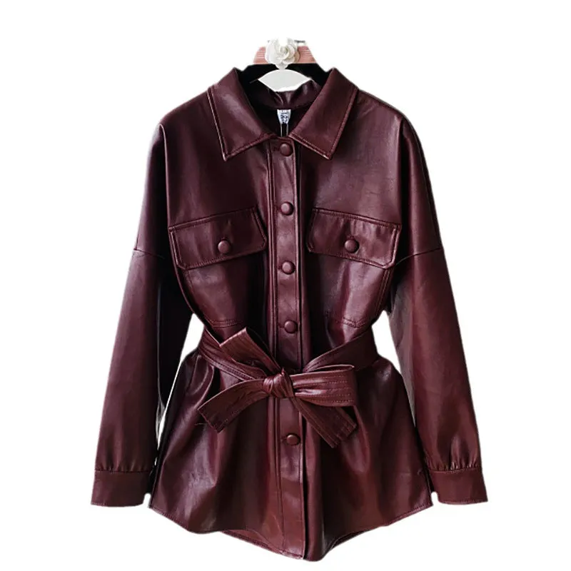 Wjczt family photo outfits winter Korean Style Mid-Length Wine Red PU Leather Coat Women's Spring and Autumn Tight Waist Korean Style Motorcycle Leather Jacket Loose Coat