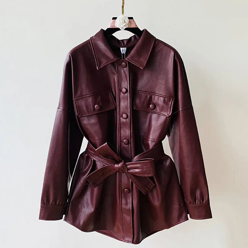 Wjczt family photo outfits winter Korean Style Mid-Length Wine Red PU Leather Coat Women's Spring and Autumn Tight Waist Korean Style Motorcycle Leather Jacket Loose Coat