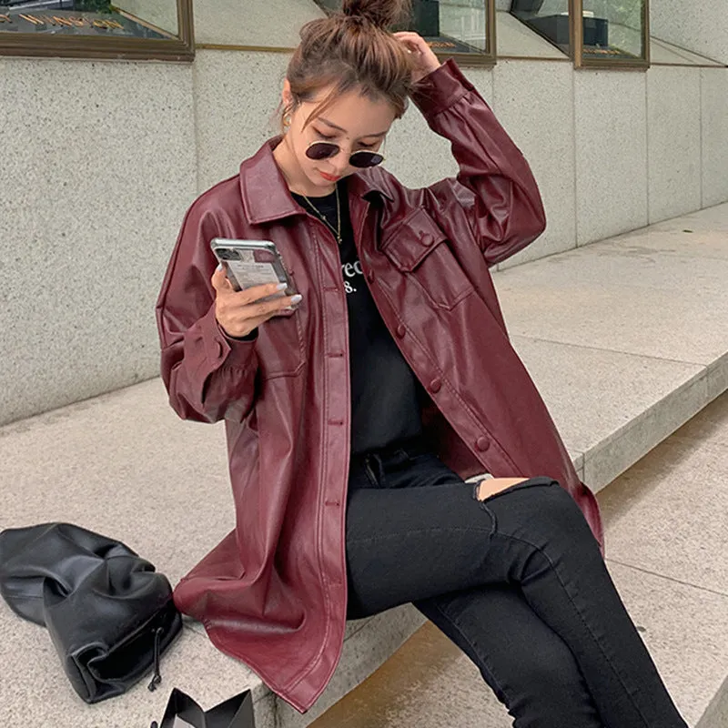 Wjczt family photo outfits winter Korean Style Mid-Length Wine Red PU Leather Coat Women's Spring and Autumn Tight Waist Korean Style Motorcycle Leather Jacket Loose Coat