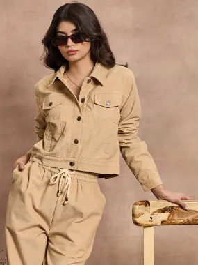 Women Beige Corduroy Full Sleeve Jacket