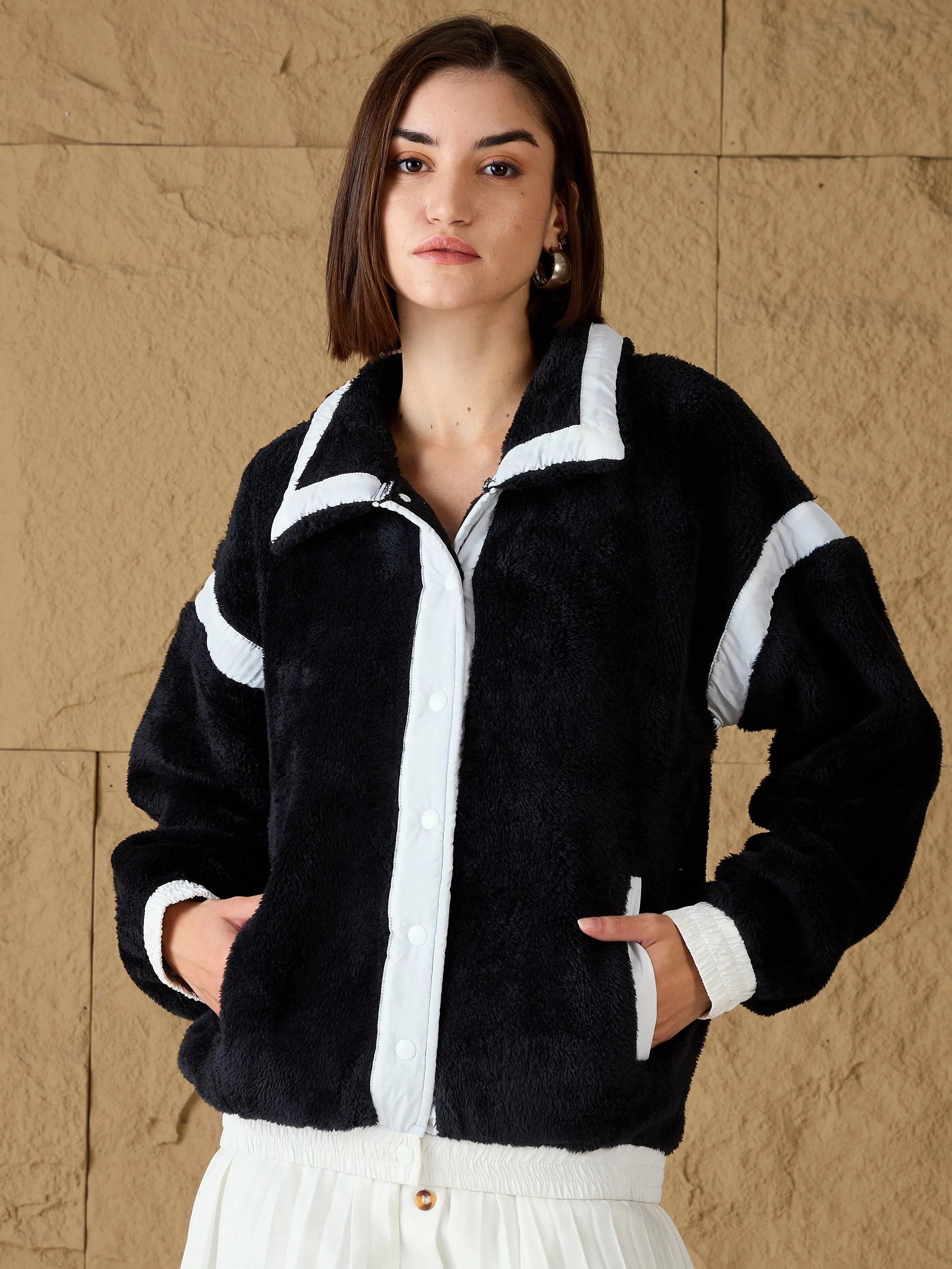 Women Black Fur Contrast Tape Detail Jacket