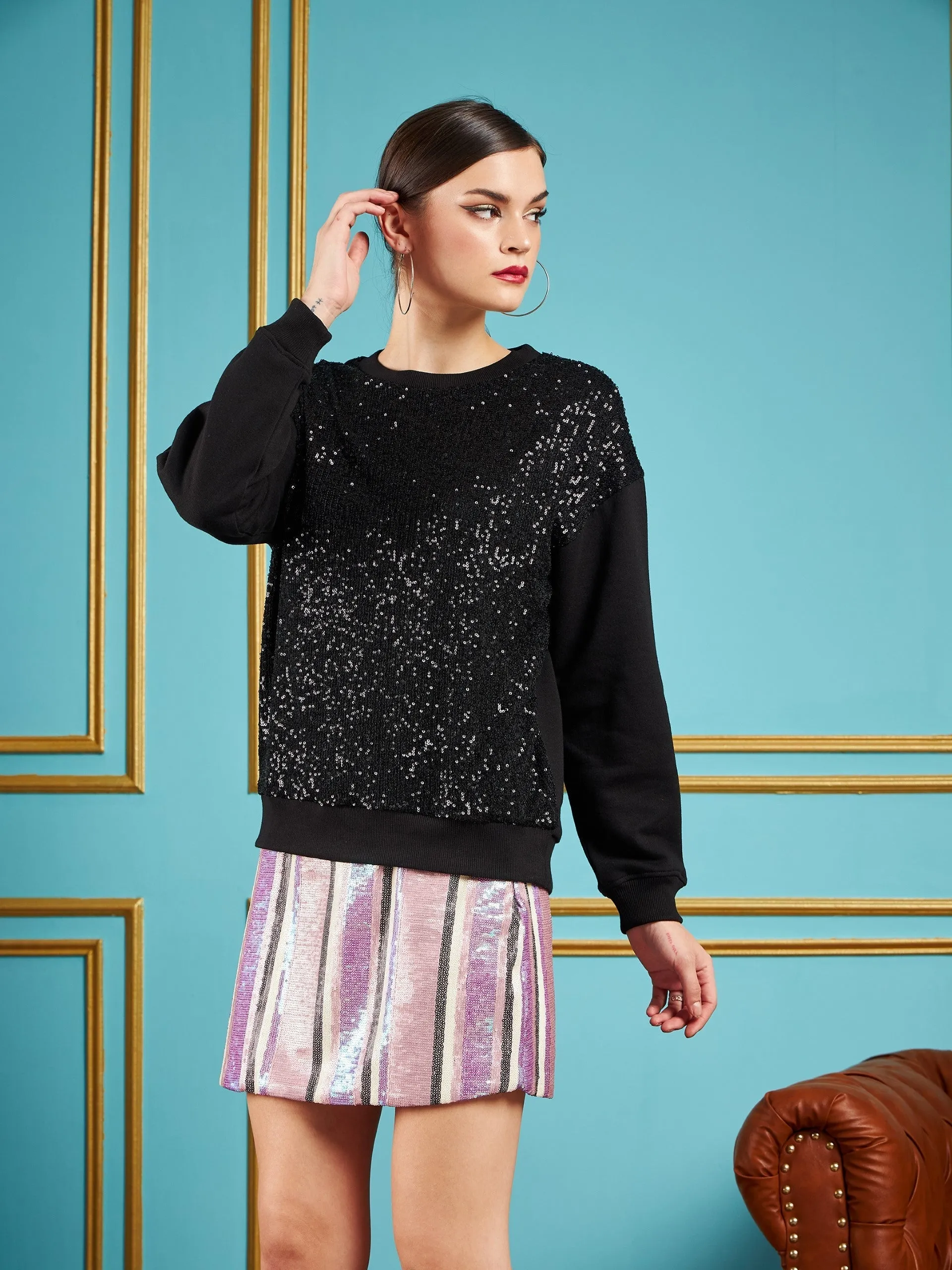 Women Black Sequin Oversized Sweatshirt