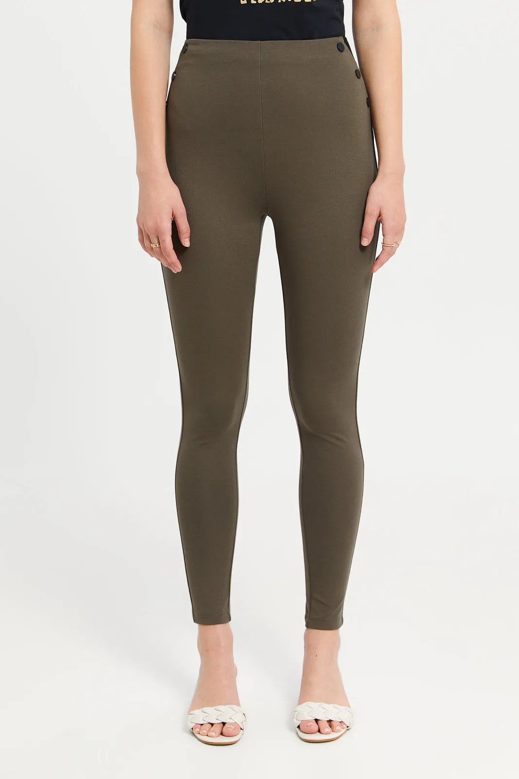 Women Olive Elastic Waistband Leggings