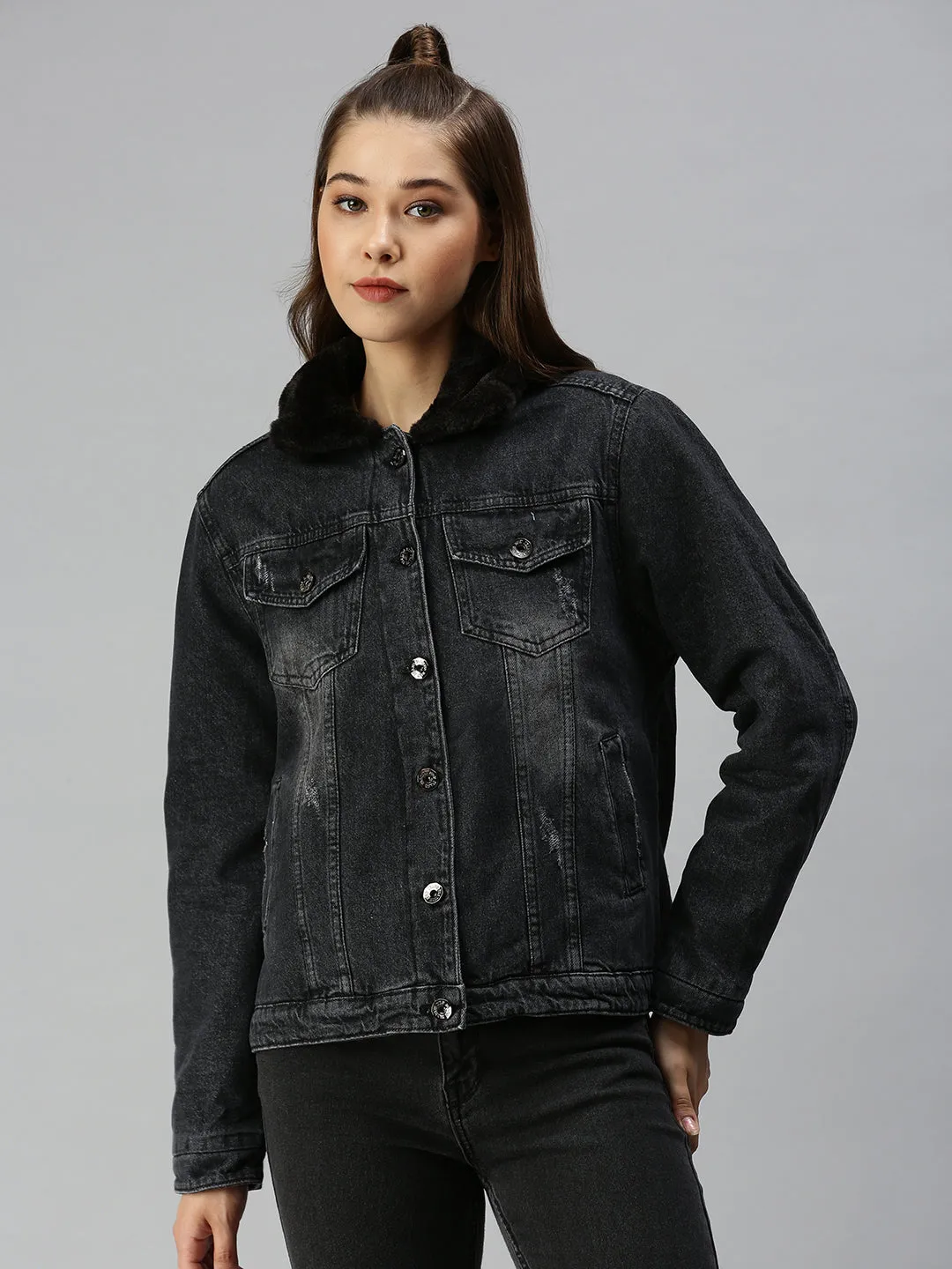 Women's Black Solid Denim Jacket Jackets