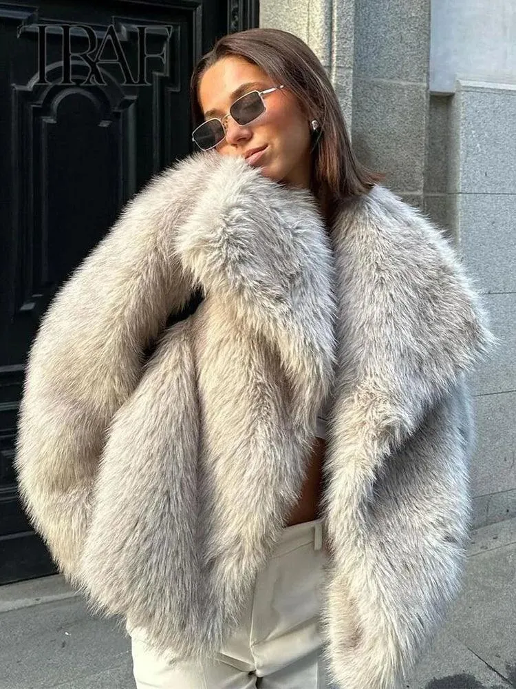 Women's Fluffy Faux Fur Jacket - Long Sleeve, Loose Stand Collar