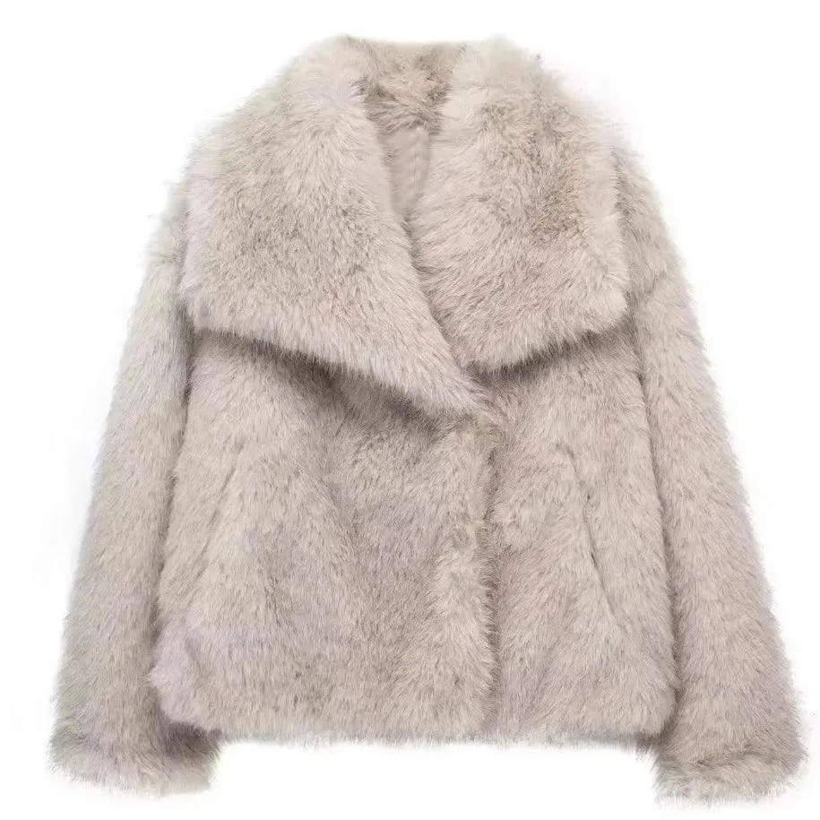 Women's Fluffy Faux Fur Jacket - Long Sleeve, Loose Stand Collar