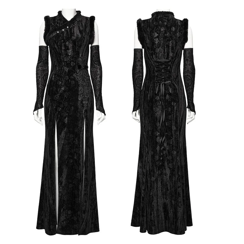 Women's Gothic Split Embossed Velvet Prom Dress with Oversleeves