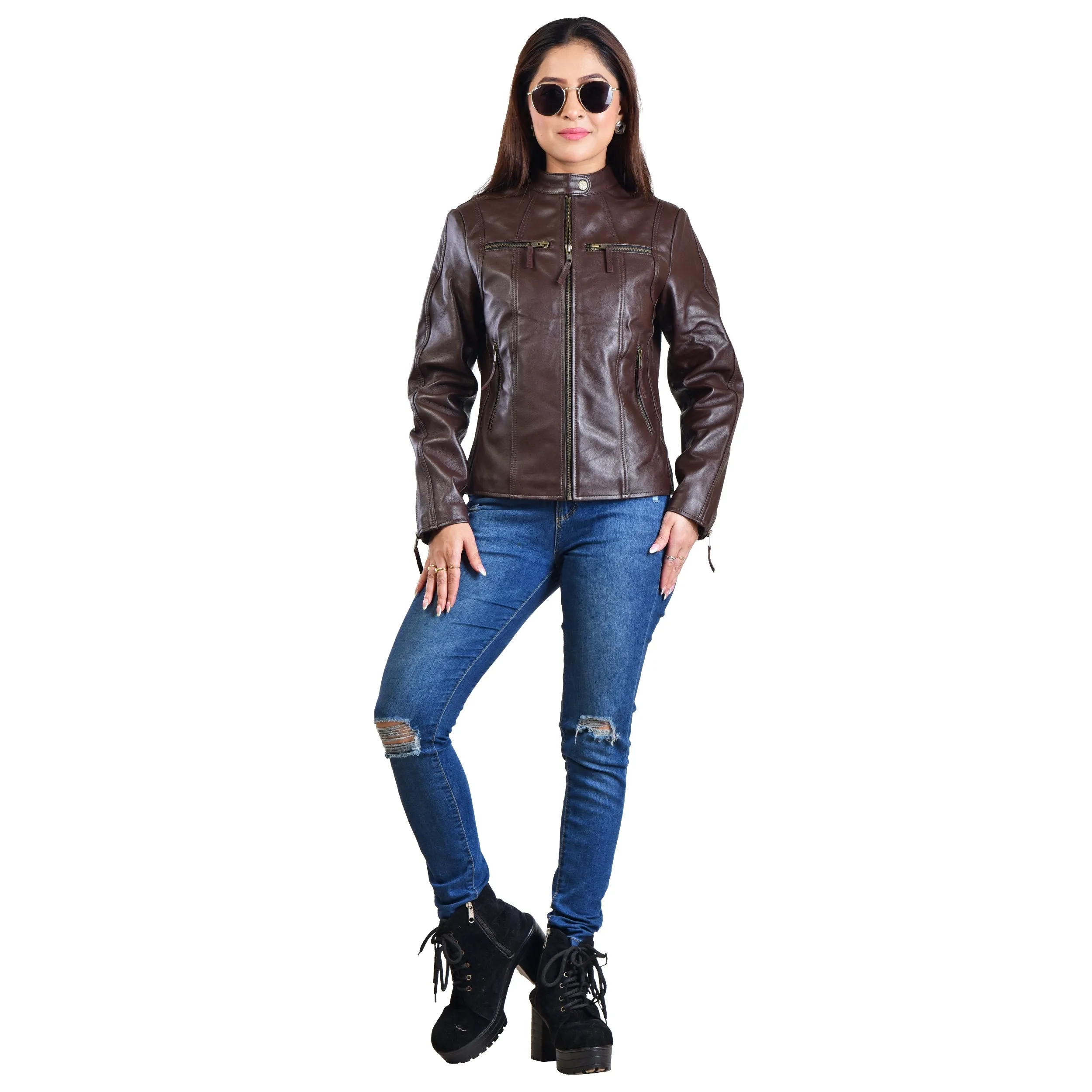 WOMENS LEATHER JACKET 410147(BROWN)