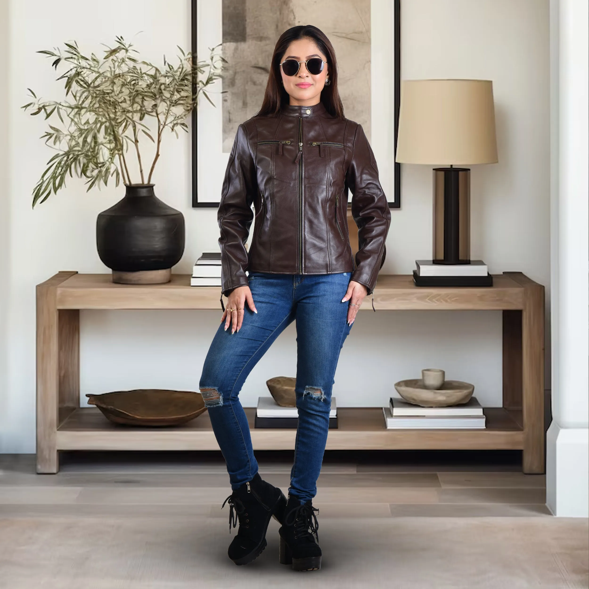 WOMENS LEATHER JACKET 410147(BROWN)