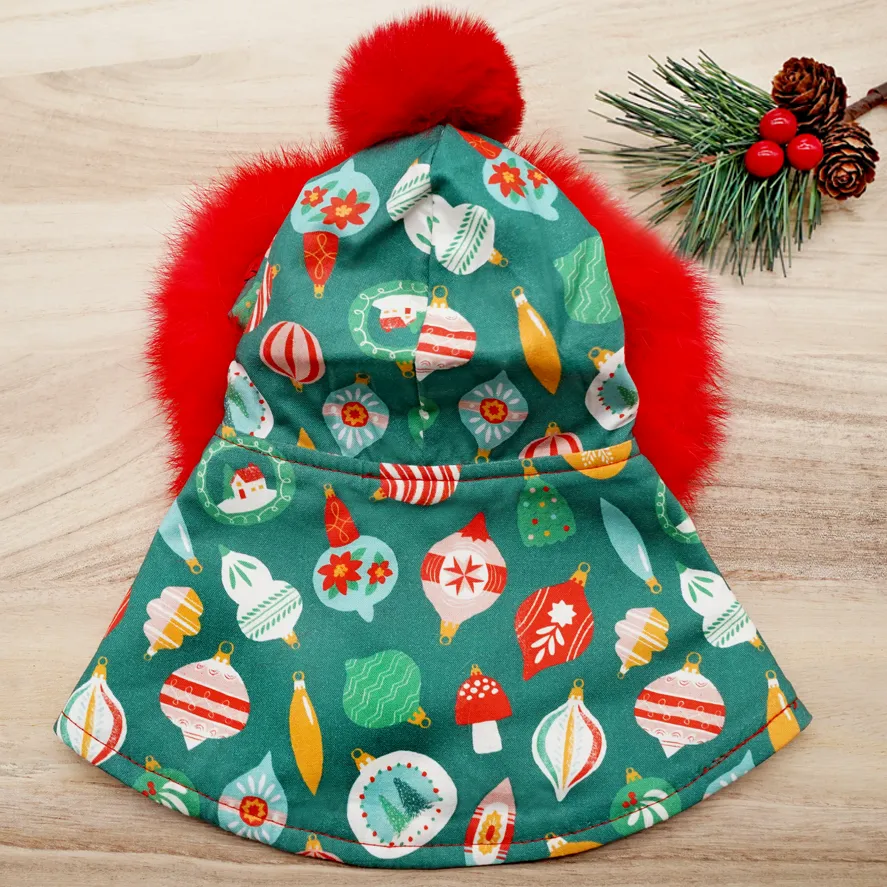 Xmas Hoodie Cape - Dark Green Ornaments Print with Red Faux Fur Trimmings